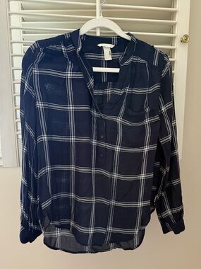 H&M Navy and White Plaid Half Button-Down Blouse